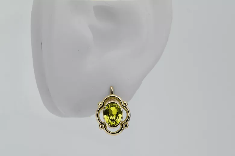 Or jaune 14 carats 14K (585) Yellow Peridot des boucles d'oreilles vec033y Russe Soviétique URSS Vintage Art Deco style