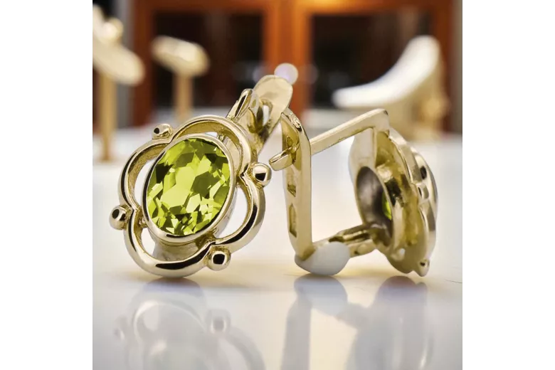 14k žluté zlato 14K (585) Yellow Peridot náušnice vec033y Russian Soviet USSR Vintage craft Art Deco style