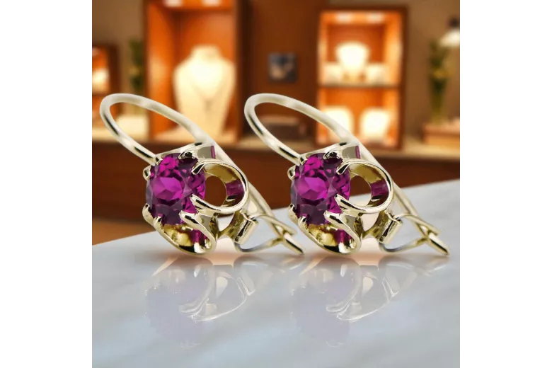 Žltá 14K zlata 14K (585) Ametyst náušnice VEC035Y RUSKU SOVIETS ZSSR Vintage Craft Art Deco štýl