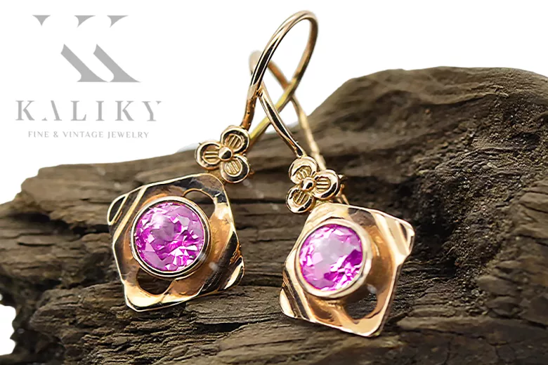 14k růže červený zlato 14k 583 Amethyst náušnice Vec017r ruský sovětský sovětský SSSR Vintage Art Deco Style