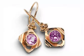 14k růže červený zlato 14k 583 Amethyst náušnice Vec017r ruský sovětský sovětský SSSR Vintage Art Deco Style