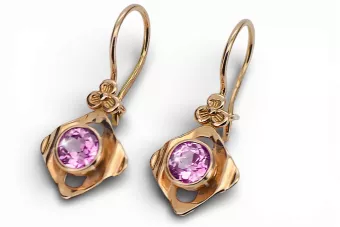 14k růže červený zlato 14k 583 Amethyst náušnice Vec017r ruský sovětský sovětský SSSR Vintage Art Deco Style