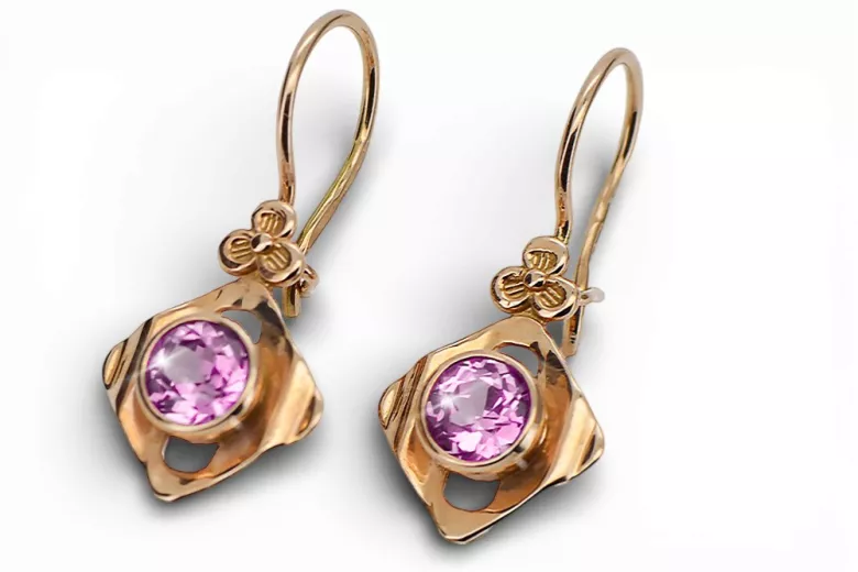 14k růže červený zlato 14k 583 Amethyst náušnice Vec017r ruský sovětský sovětský SSSR Vintage Art Deco Style