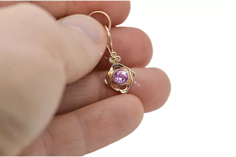 14k růže červený zlato 14k 583 Amethyst náušnice Vec017r ruský sovětský sovětský SSSR Vintage Art Deco Style