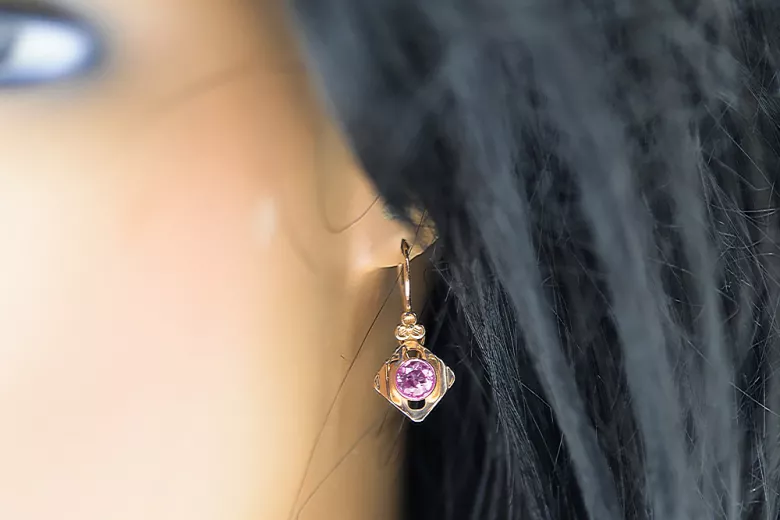 14k růže červený zlato 14k 583 Amethyst náušnice Vec017r ruský sovětský sovětský SSSR Vintage Art Deco Style
