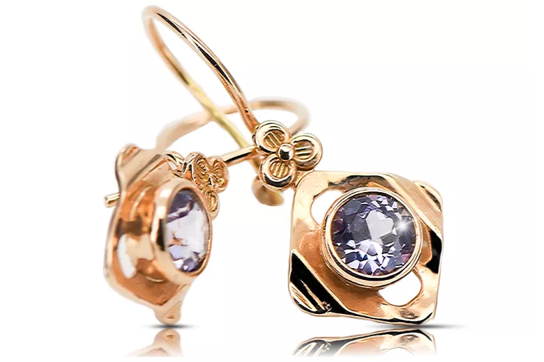 Or rose rouge 14 carats 14k 583 Alexandrite des boucles d'oreilles vec017r Russe Soviétique URSS Bijoux vintage Art Deco style