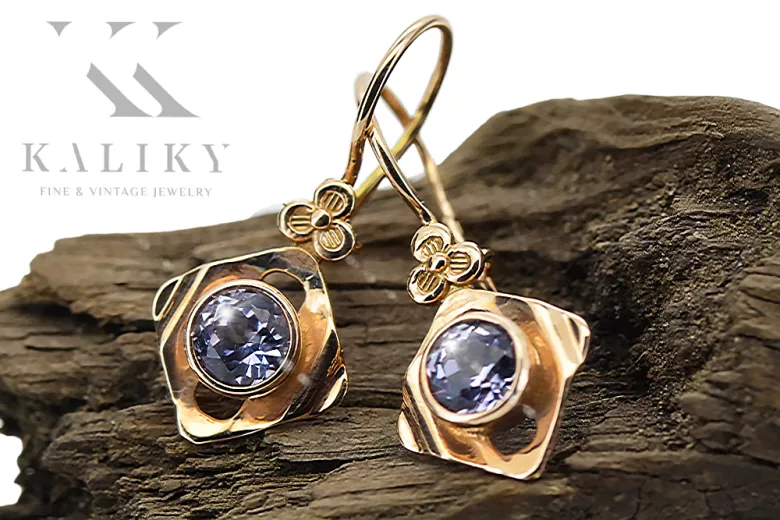 14К рожеве червоне золото 14k 583 Alexandrite Сережки vec017r Російський Радянський СРСР Вінтаж прикраси Ар-деко style
