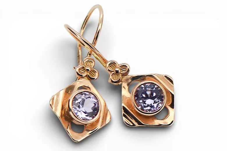 14 كارت من الذهب الأحمر الوردي 14k 583 Alexandrite أقراط vec017r روسي سوفيتي الاتحاد السوفيتي حرف يدوية فينتاج آرت ديكو style