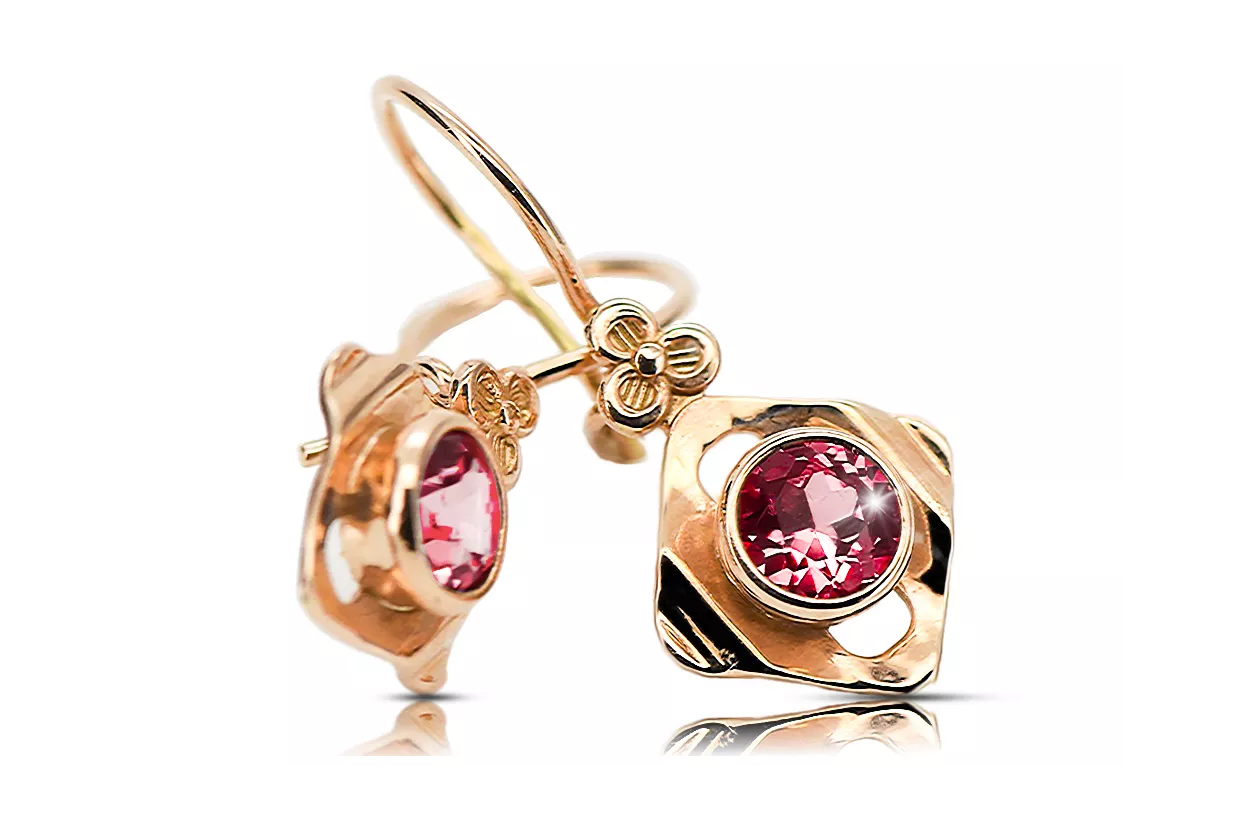 Or rose rouge 14 carats 14k 583 Ruby des boucles d'oreilles vec017r Russe Soviétique URSS Artisanat vintage Art Deco style