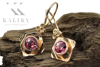 Or rose rouge 14 carats 14k 583 Ruby des boucles d'oreilles vec017r Russe Soviétique URSS Artisanat vintage Art Deco style