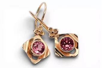 Or rose rouge 14 carats 14k 583 Ruby des boucles d'oreilles vec017r Russe Soviétique URSS Artisanat vintage Art Deco style