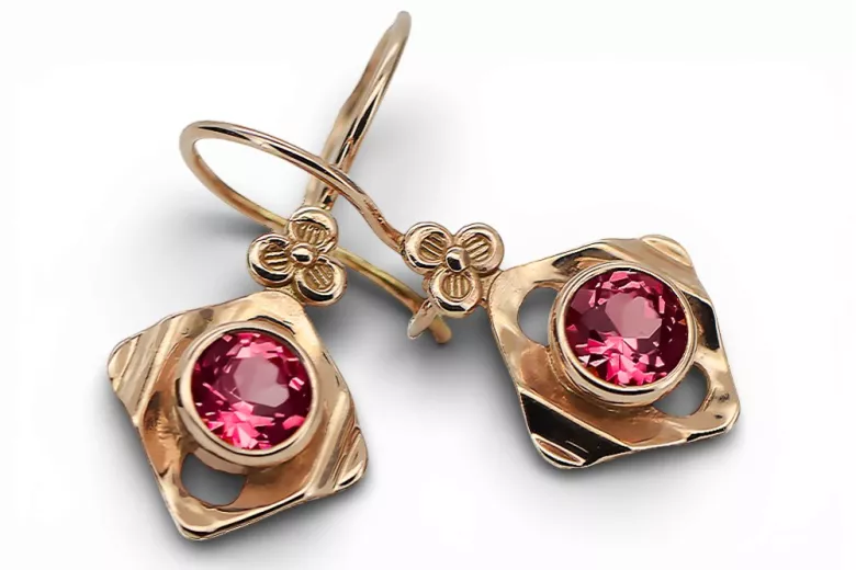 14К рожеве червоне золото 14k 583 Ruby Сережки vec017r Російський Радянський СРСР Вінтаж стиль Ар-деко style