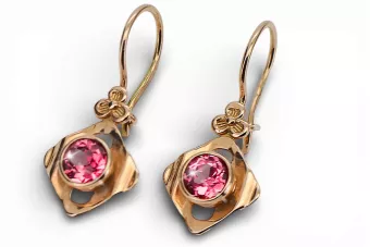 Or rose rouge 14 carats 14k 583 Ruby des boucles d'oreilles vec017r Russe Soviétique URSS Artisanat vintage Art Deco style