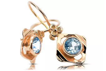 Or rose rouge 14 carats 14k 583 Aquamarine des boucles d'oreilles vec017r Russe Soviétique URSS Artisanat vintage Art Deco style