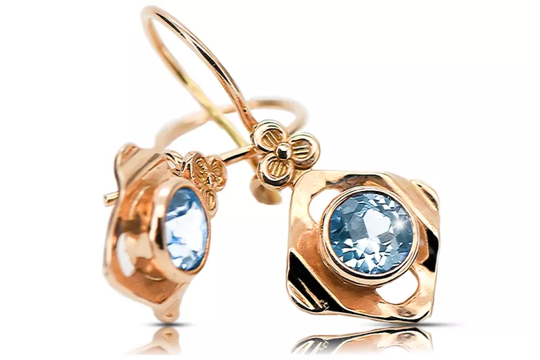 čtrnásťkaraté ružové zlato 14k 583 Aquamarine náušnice vec017r Russian Soviet USSR Vintage Jewlery Art Deco style