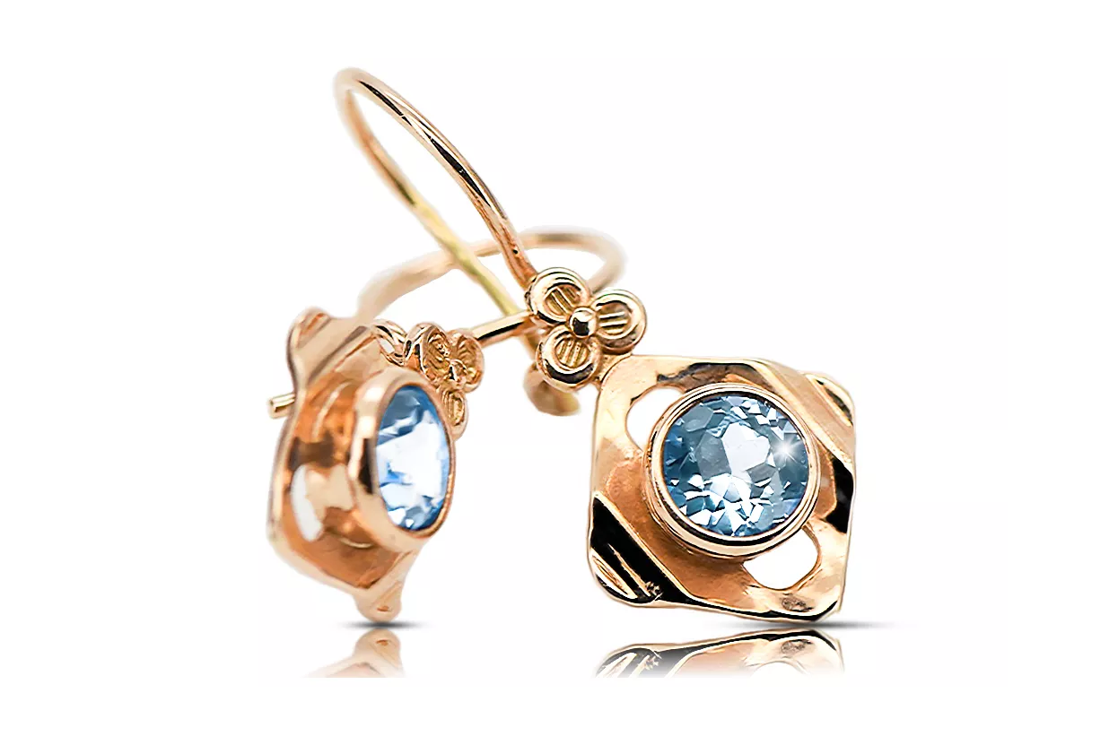 14K розово червено злато 14k 583 Aquamarine Обеци vec017r Руски Съветски СССР Винтидж стил Ар-деко style