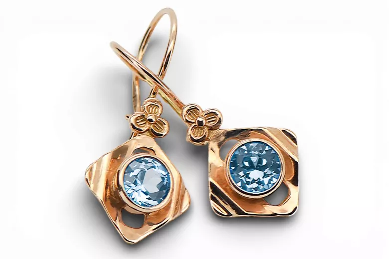 čtrnáctinová růžová zlata 14k 583 Aquamarine náušnice vec017r Russian Soviet USSR Vintage style Art Deco style
