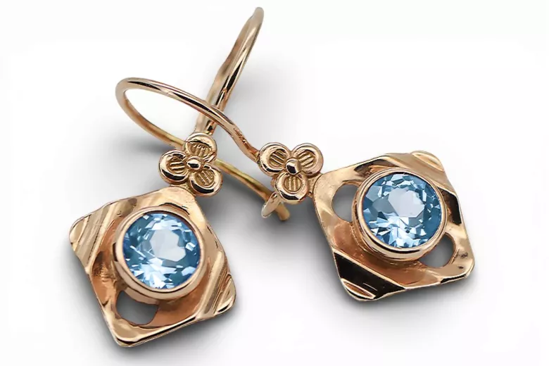 čtrnásťkaraté ružové zlato 14k 583 Aquamarine náušnice vec017r Russian Soviet USSR Vintage Jewlery Art Deco style