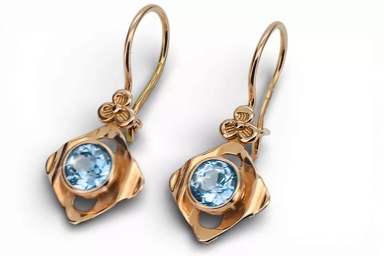 14K розово червено злато 14k 583 Aquamarine Обеци vec017r Руски Съветски СССР Винтидж стил Ар-деко style