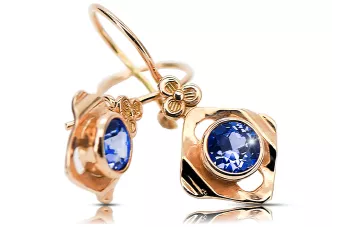 Or rose rouge 14 carats 14k 583 Sapphire des boucles d'oreilles vec017r Russe Soviétique URSS Artisanat vintage Art Deco style