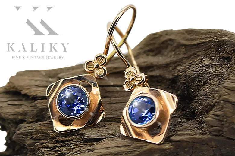 čtrnásťkaraté ružové zlato 14k 583 Sapphire náušnice vec017r Russian Soviet USSR Vintage craft Art Deco style