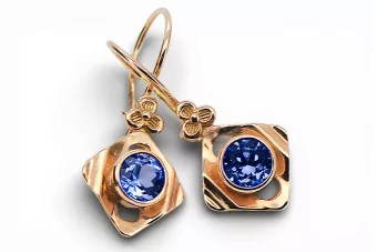 Or rose rouge 14 carats 14k 583 Sapphire des boucles d'oreilles vec017r Russe Soviétique URSS Artisanat vintage Art Deco style