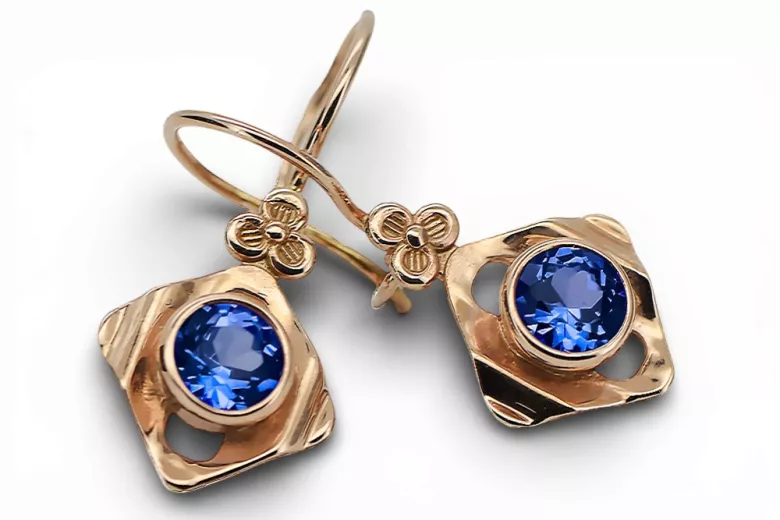 14 كارت من الذهب الأحمر الوردي 14k 583 Sapphire أقراط vec017r روسي سوفيتي الاتحاد السوفيتي أسلوب فينتاج آرت ديكو style