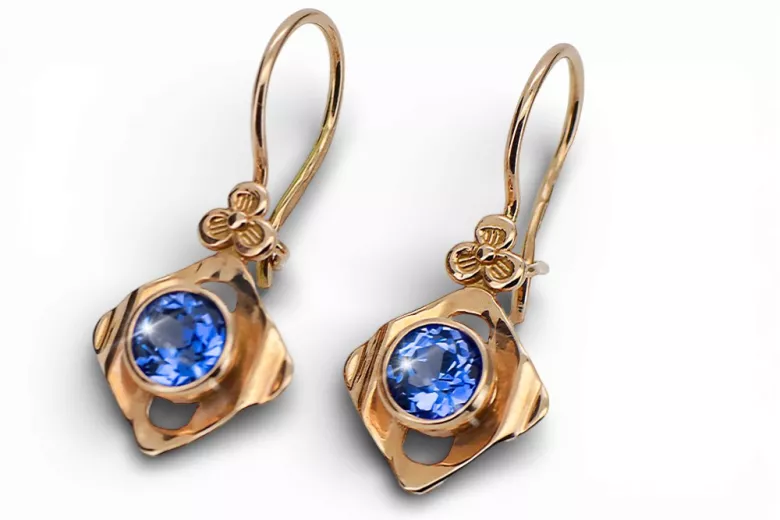 Or rose rouge 14 carats 14k 583 Sapphire des boucles d'oreilles vec017r Russe Soviétique URSS Artisanat vintage Art Deco style