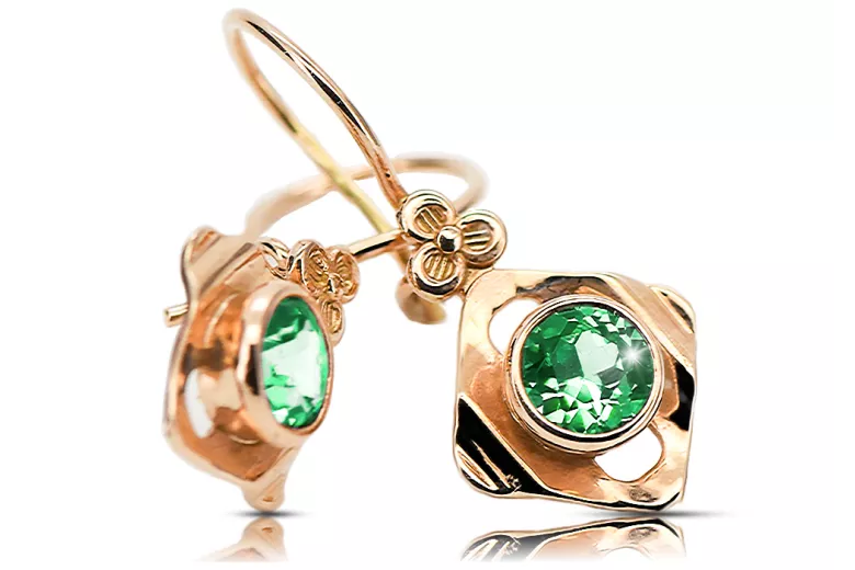čtrnáctinová růžová zlata 14k 583 Emerald náušnice vec017r Russian Soviet USSR Vintage Jewlery Art Deco style