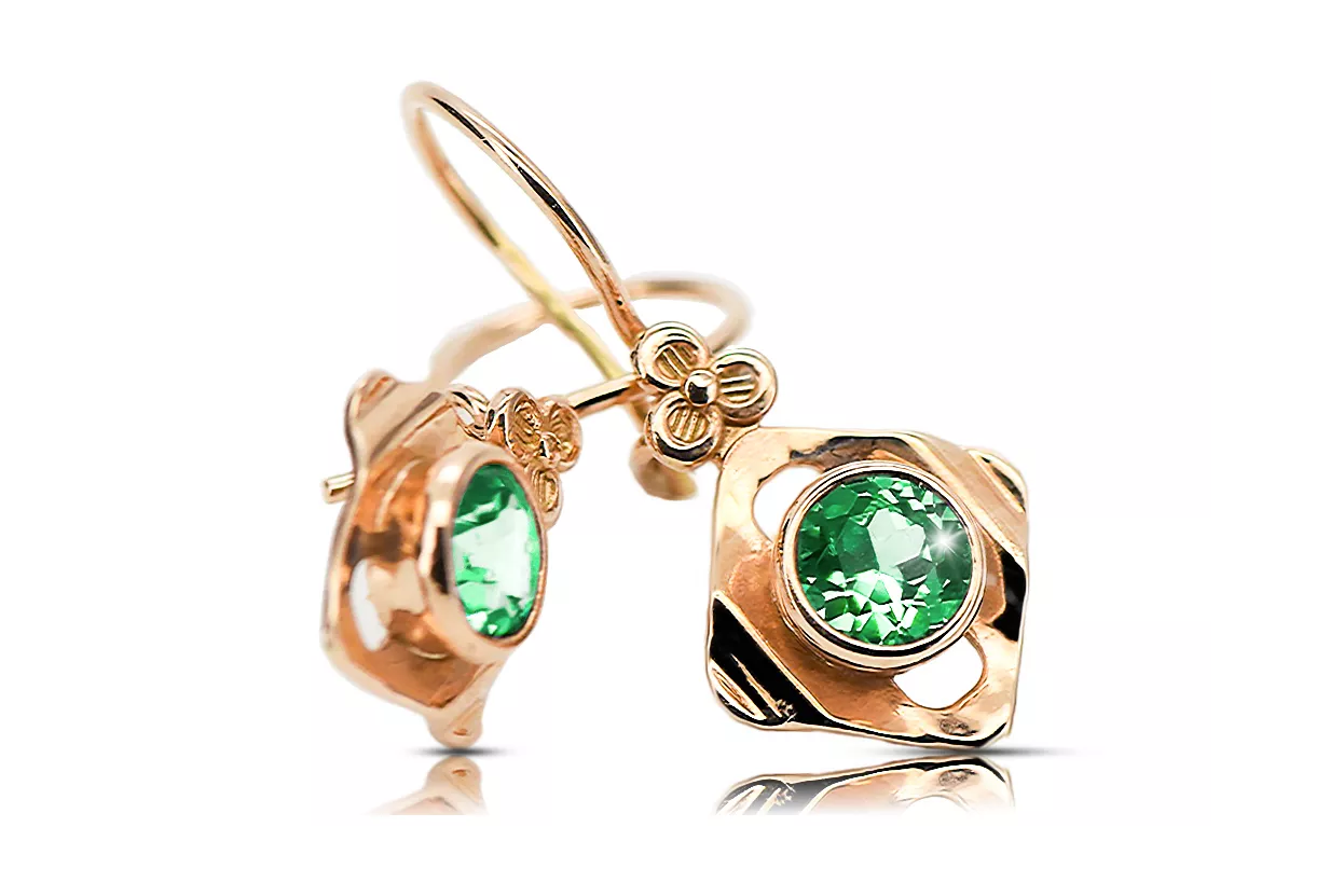 Oro rojo rosa de 14 quilates 14k 583 Emerald pendientes vec017r Ruso Soviético URSS Estilo vintage Art Deco style