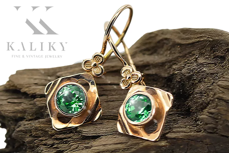 Oro rojo rosa de 14 quilates 14k 583 Emerald pendientes vec017r Ruso Soviético URSS Estilo vintage Art Deco style