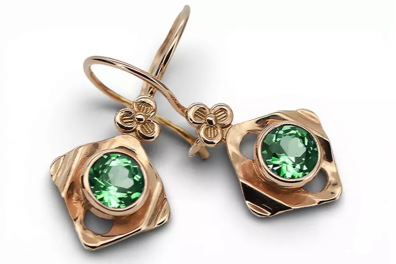 čtrnáctinová růžová zlata 14k 583 Emerald náušnice vec017r Russian Soviet USSR Vintage Jewlery Art Deco style