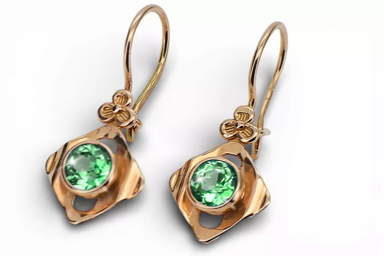čtrnáctinová růžová zlata 14k 583 Emerald náušnice vec017r Russian Soviet USSR Vintage Jewlery Art Deco style