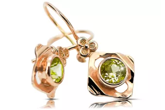 Or rose rouge 14 carats 14k 583 Yellow Peridot des boucles d'oreilles vec017r Russe Soviétique URSS Style vintage Art Deco style
