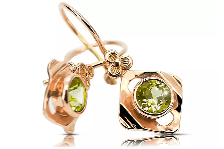 čtrnáctinová růžová zlata 14k 583 Yellow Peridot náušnice vec017r Russian Soviet USSR Vintage Jewlery Art Deco style