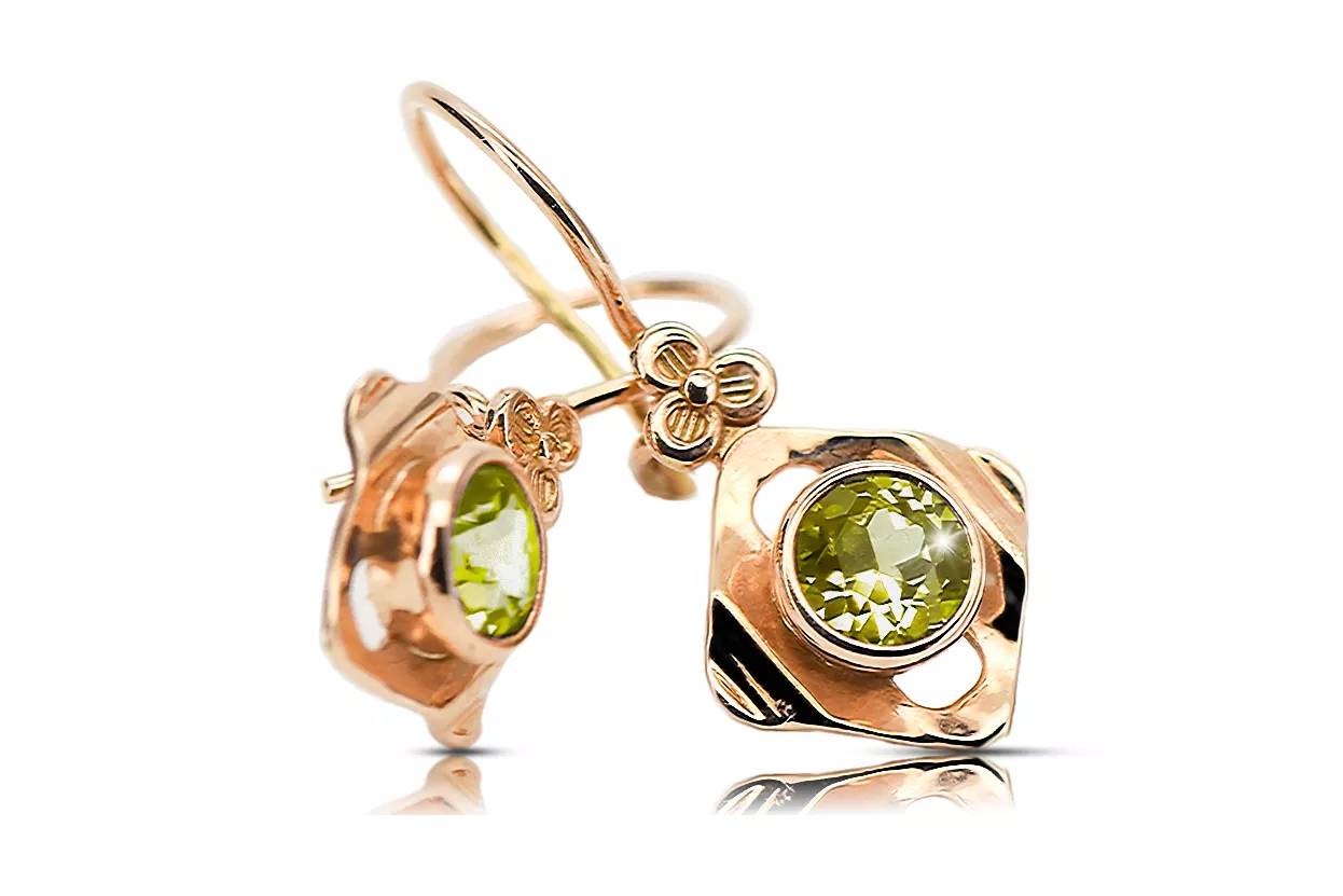 Oro rojo rosa de 14 quilates 14k 583 Yellow Peridot pendientes vec017r Ruso Soviético URSS Artesanía vintage Art Deco style