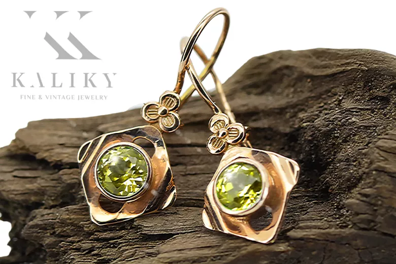čtrnáctinová růžová zlata 14k 583 Yellow Peridot náušnice vec017r Russian Soviet USSR Vintage Jewlery Art Deco style