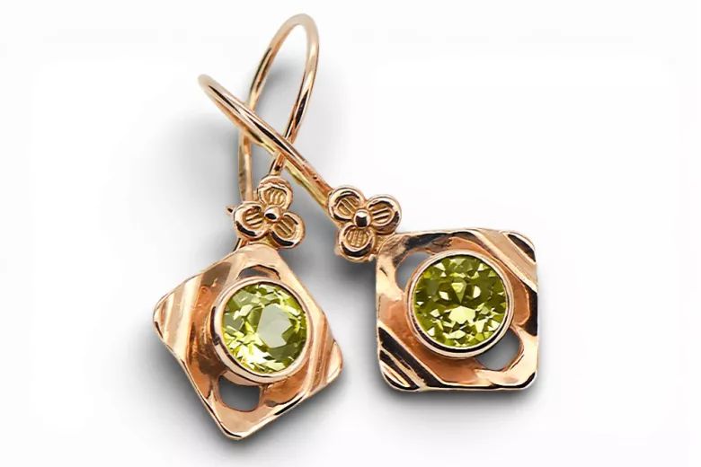 čtrnáctinová růžová zlata 14k 583 Yellow Peridot náušnice vec017r Russian Soviet USSR Vintage Jewlery Art Deco style