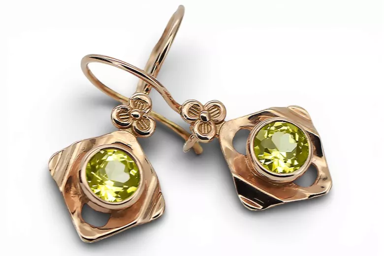 čtrnáctinová růžová zlata 14k 583 Yellow Peridot náušnice vec017r Russian Soviet USSR Vintage Jewlery Art Deco style