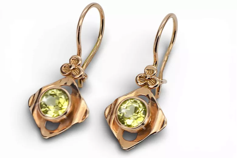 Oro rojo rosa de 14 quilates 14k 583 Yellow Peridot pendientes vec017r Ruso Soviético URSS Artesanía vintage Art Deco style