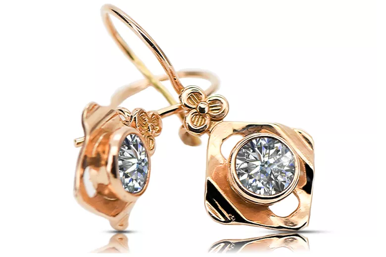 čtrnáctinová růžová zlata 14k 583 Zircon náušnice vec017r Russian Soviet USSR Vintage style Art Deco style