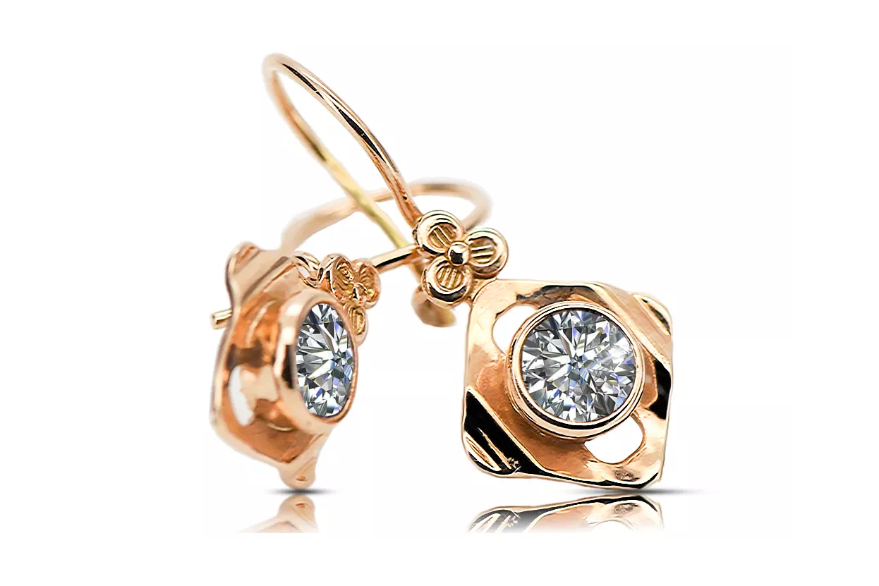Or rose rouge 14 carats 14k 583 Zircon des boucles d'oreilles vec017r Russe Soviétique URSS Bijoux vintage Art Deco style
