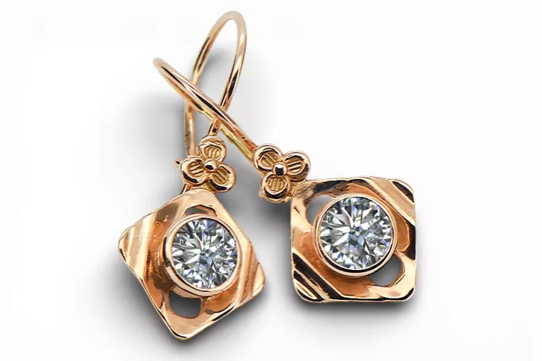 čtrnásťkaraté ružové zlato 14k 583 Zircon náušnice vec017r Russian Soviet USSR Vintage Jewlery Art Deco style