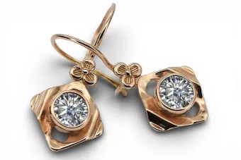 Or rose rouge 14 carats 14k 583 Zircon des boucles d'oreilles vec017r Russe Soviétique URSS Bijoux vintage Art Deco style