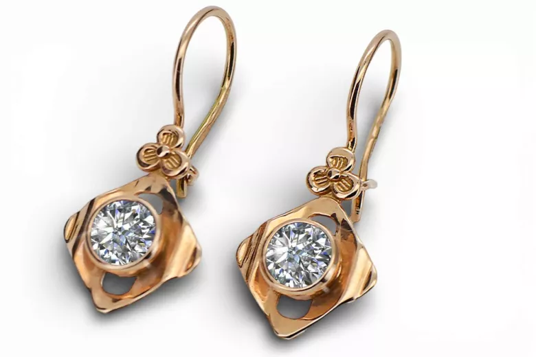 14К рожеве червоне золото 14k 583 Zircon Сережки vec017r Російський Радянський СРСР Вінтаж Ар-деко style