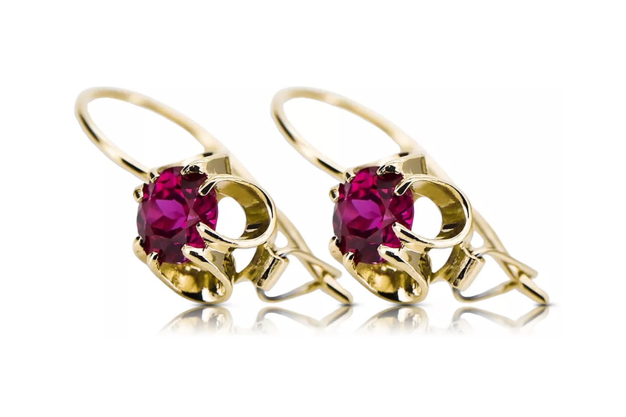 Žlutá 14k Gold 585 Ruby náušnice VEC035Y Ruský sovětský SSSR Vintage Art Deco Style Sdsr sovětský ruský styl