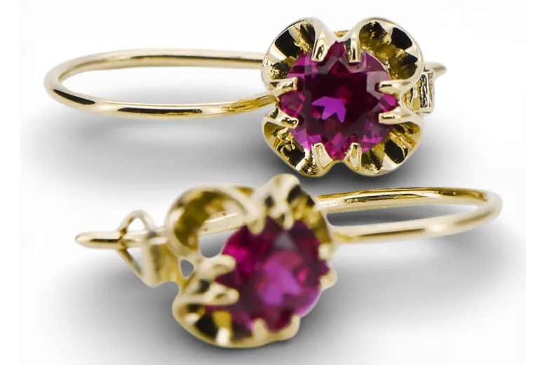 Žlutá 14k Gold 585 Ruby náušnice VEC035Y Ruský sovětský SSSR Vintage Art Deco Style Sdsr sovětský ruský styl