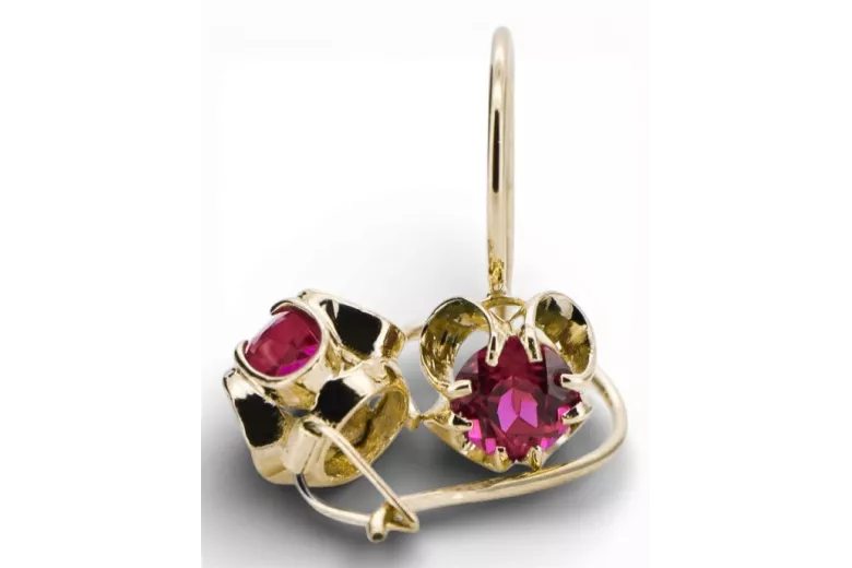 Kolczyki z żółtego 14k złota 585 z Rubinem vec035y Sowiecki styl Vintage unikatowe Vintage Art Deco ZSRR Sowiecki Rosyjski styl