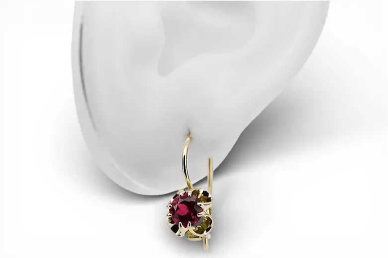 Žlutá 14k Gold 585 Ruby náušnice VEC035Y Ruský sovětský SSSR Vintage Art Deco Style Sdsr sovětský ruský styl