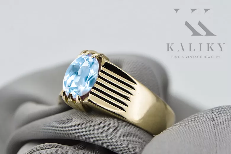 Yellow 14k gold Aquamarine ring vrc007y-aq Vintage Jewelry Art Deco USSR era jewelry, Russian style